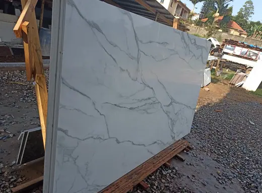 Large pale veined slab standing outdoors